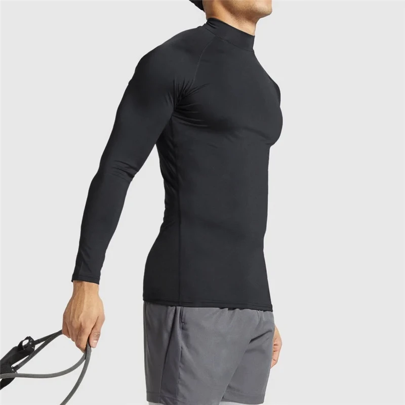 T-shirt de compression à col roulé pour homme, manches longues, séchage rapide, extensible dans 4 directions, respirant, coupe ajustée, pour la course et la gym