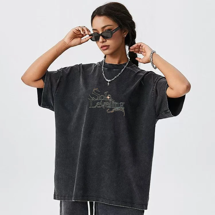Männer Frauen Vintage Gewaschene Baumwolle T Shirt Streetwear Anime Solo Nivellierung Grafik Drucken Tops Harajuku Lose Kurzarm T-shirts