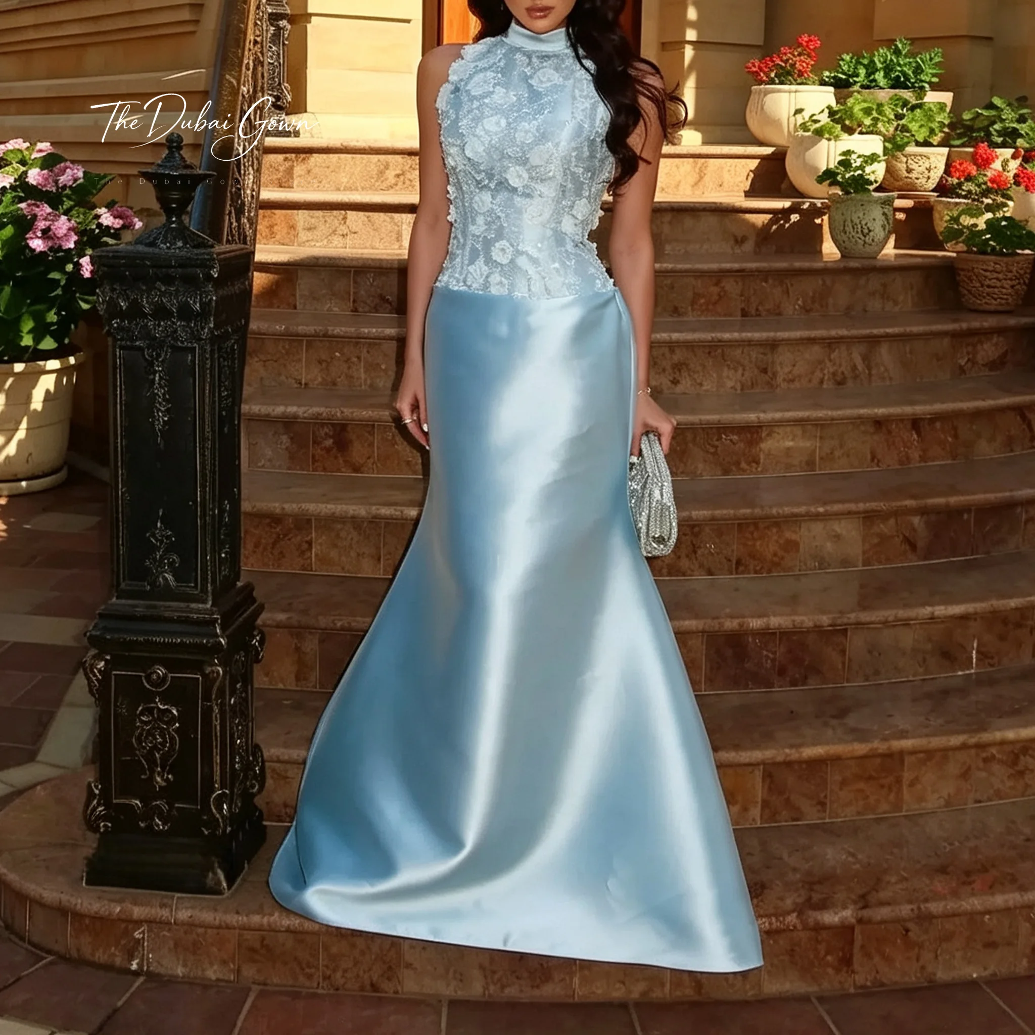 Blue Necked Halter-Top Sleeveless Fish-Tail Floor-Length Formal Evening Dress Floral Embroidery Elegant Women's Gown