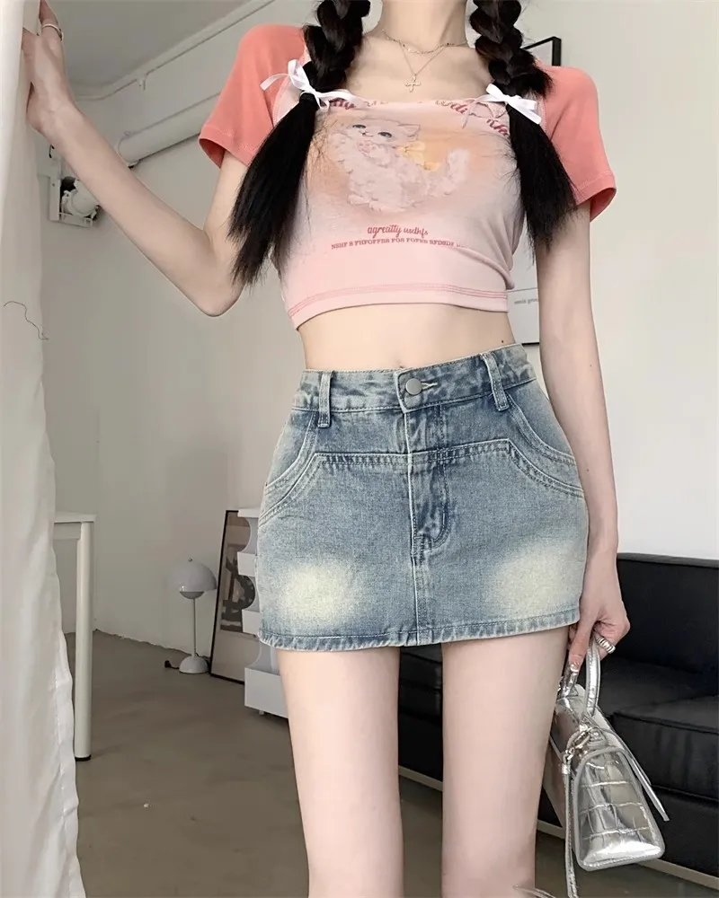 Jupe trapèze en Denim bleu rétro, taille haute, mode d'été, robe pour fille épicée, pantalon, moulante, Mini jupe, nouvelle collection 2026