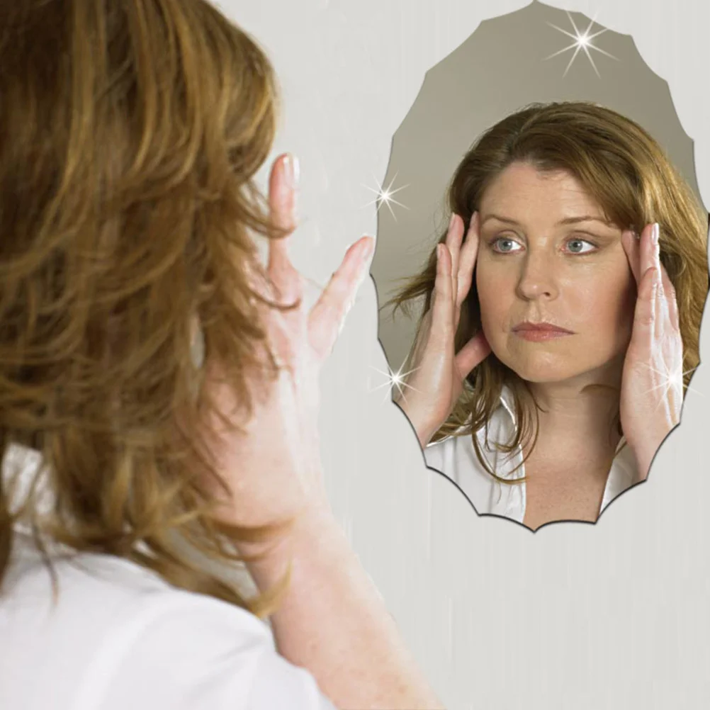 

Silver Oval Mirror Sticker Lace Decorative Functional Adhesive Mirror Sticker for Bathroom Home Car Furniture Tiles