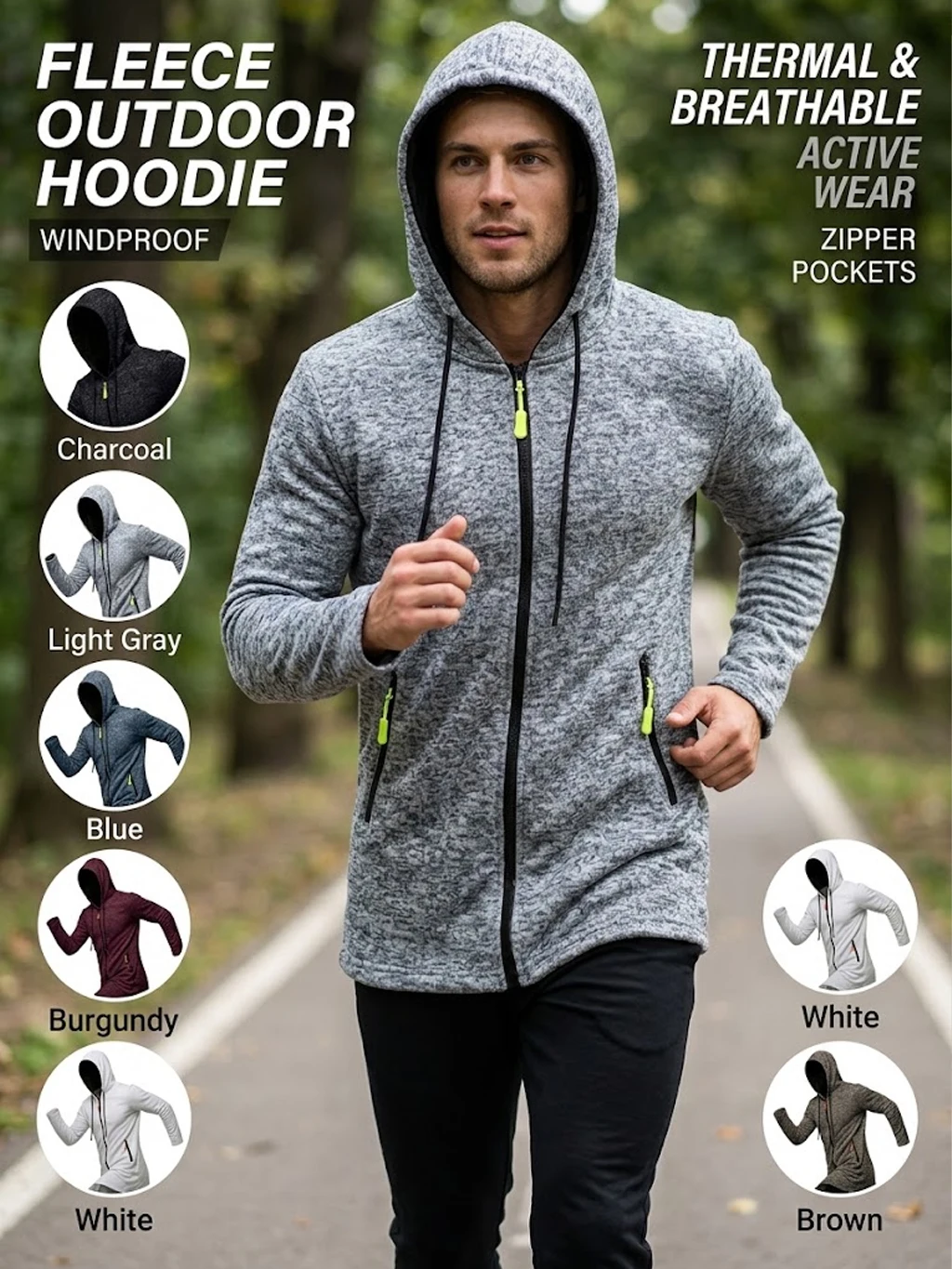 Neue Herren-Kapuzenjacke mit Reißverschluss, thermisch, winddicht, lässiger Fleece-Sweatshirt, Reißverschlusstaschen, langer Mantel für Outdoor-Aktivitäten, mit Kapuze – Detail 1