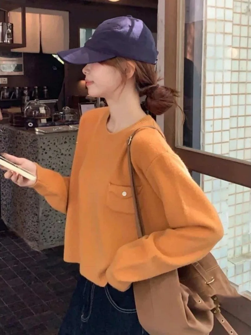 Loose Women's Knitted Base Layer Sweater Orange round Neck Pullover Inner Wear Casual Style Spring Autumn Soft Comfortable