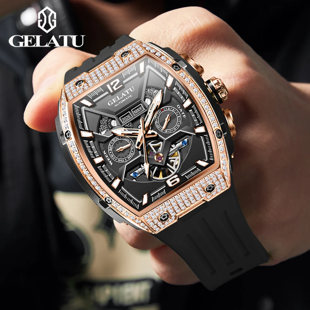 GELATU 6016 Big Dial Mechanical Watch For Men Hollow Deep Waterproof Diamond Wristwatch Silicone Strap Automatic Man Watch 2024