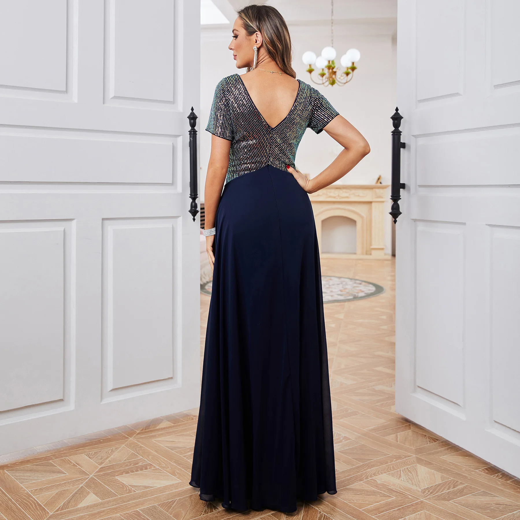 Ele ort sve vestido de noite nova chegada verão cross-border feminino dr cintura alta tecido de veludo profundo v-ne vestido