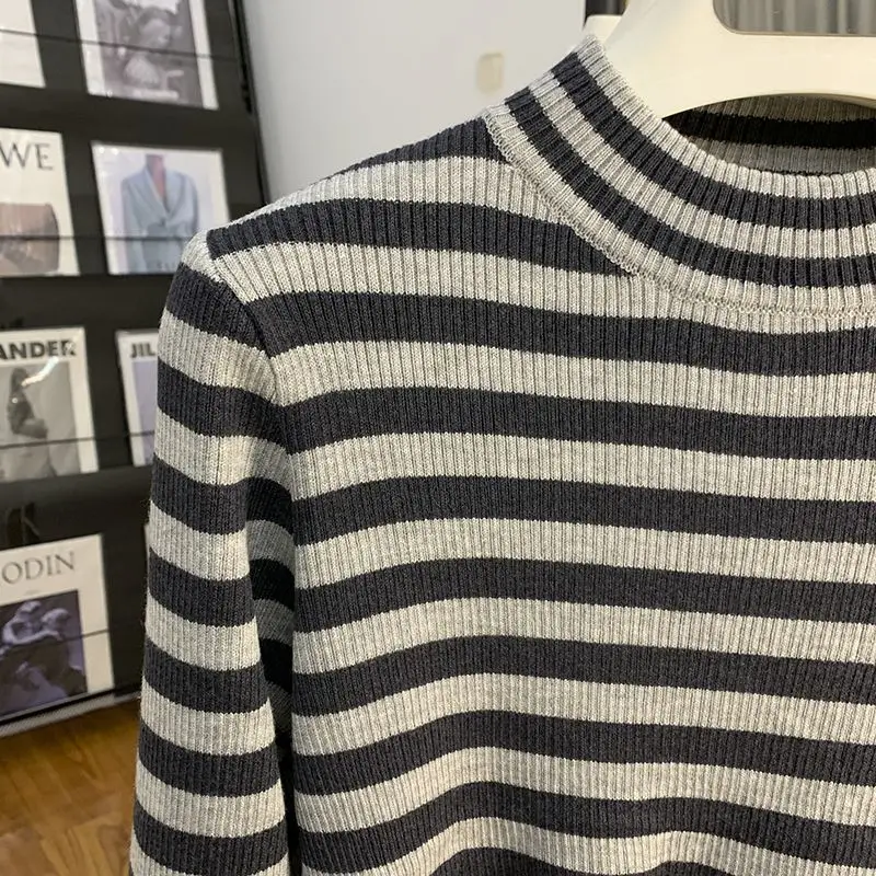 Plus Size Women Mock Neck Long Sleeve Top Autumn Winter Dralon Striped Warm Base Shirt Fat Mom Inner Wear T Shirt S 6XL view 5