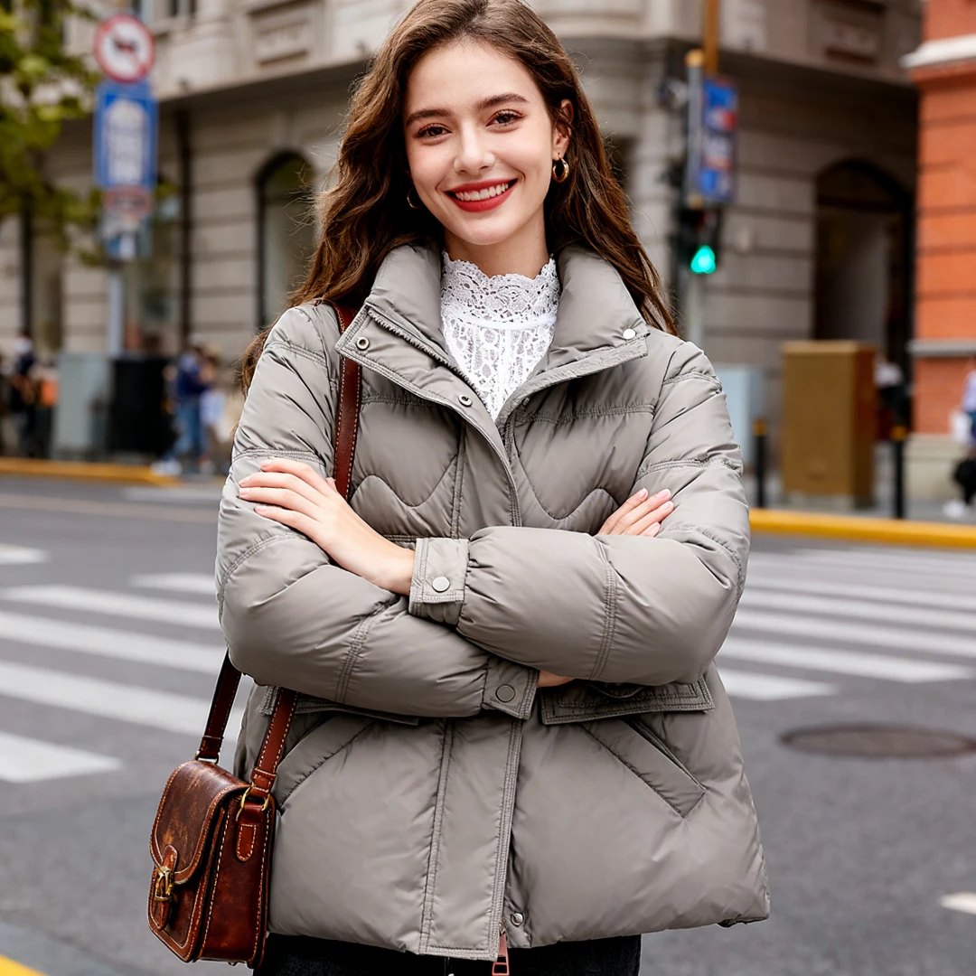 

Down Coat Puffer Jackets Women Winter Stand Collar Pockets Zipper Covered Button Outerwear Female Overcoat Parkas Office Lady