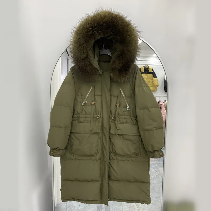 겨울 신상 여성용 다운 재킷 출퇴근용 후드 루즈핏 따뜻한 퍼 칼라 화이트 덕 다운 파카 코트