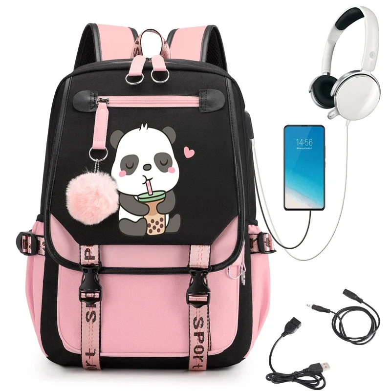 Backpack School Bag Girl Back Pack for Teenager Female Schoolbag Primary Women Bagpack Panda Drink Boba Tea Anime Teen Bookbag