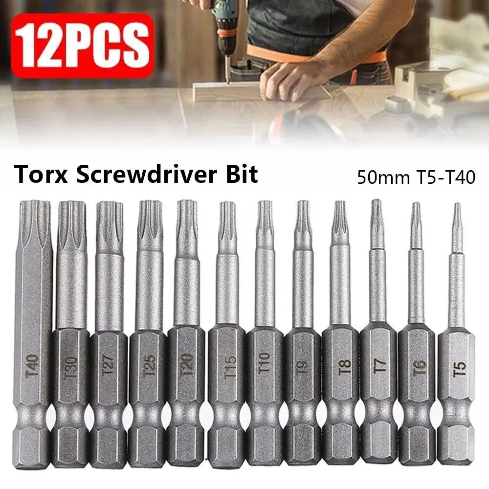 12Pcs/Set 50mm Torx Screwdriver Bit T5-T40 with Hole Electric Screw Driver Bit Set Alloy Steel 1/4Inch Hex Shank Torx Bits