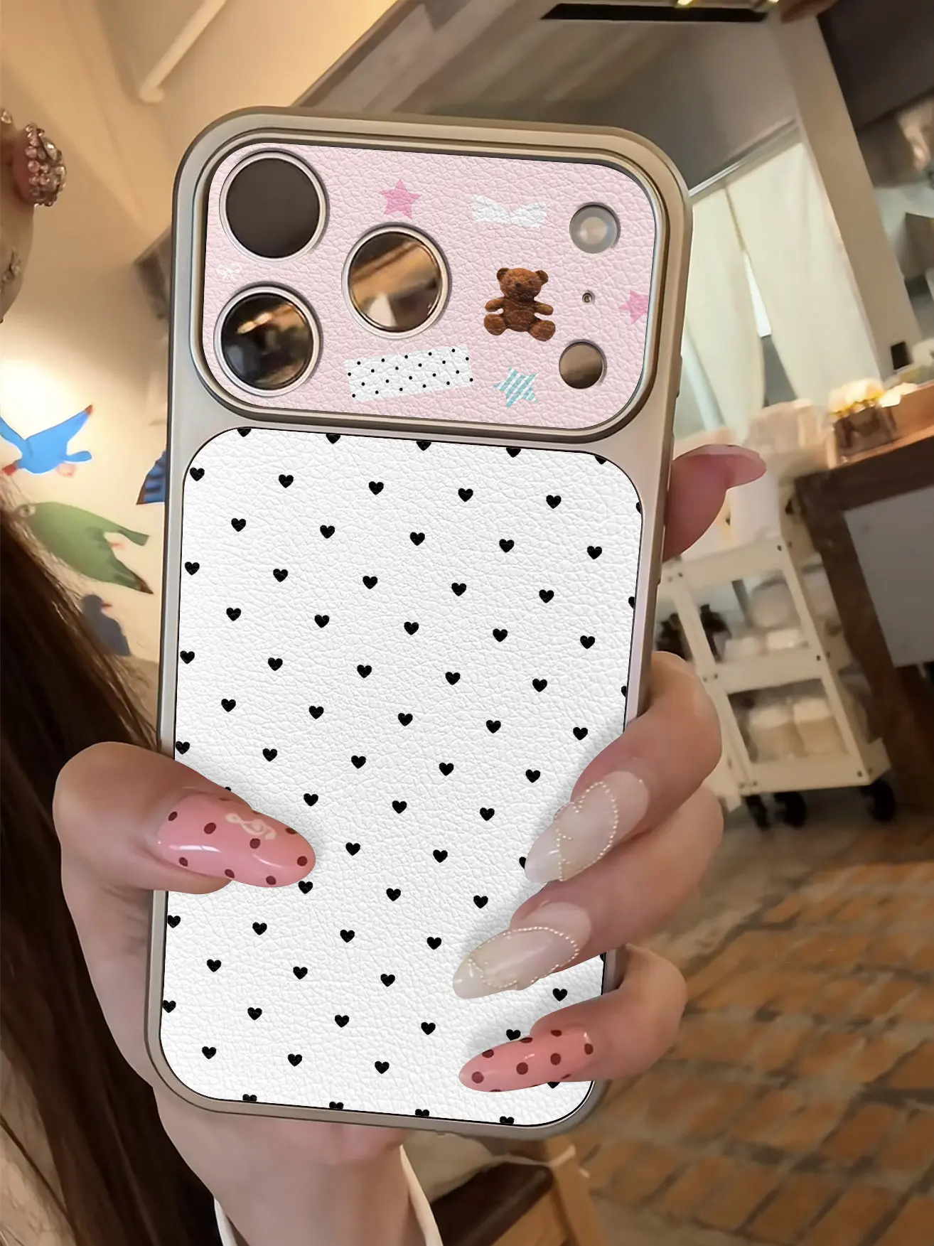 Einfache Polka Dots Luxus-Imitation 17 Handyhülle für iPhone 13 14 15 16 17 Pro Max 17Pro, plattierter Stoßfänger, stoßfeste Lederhülle – Detail 4