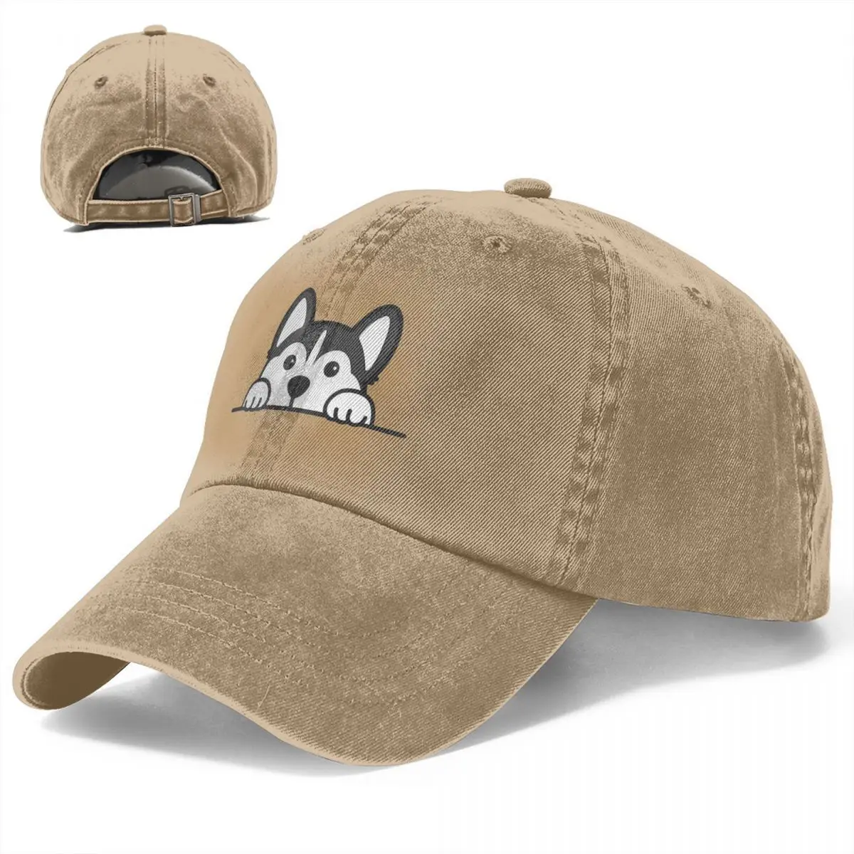 Cute Siberian Husky Baseball Cap peeking dog Casual Men Washed Trucker Hat Sun-Proof Custom Logo Outdoor Sports Snapback Cap