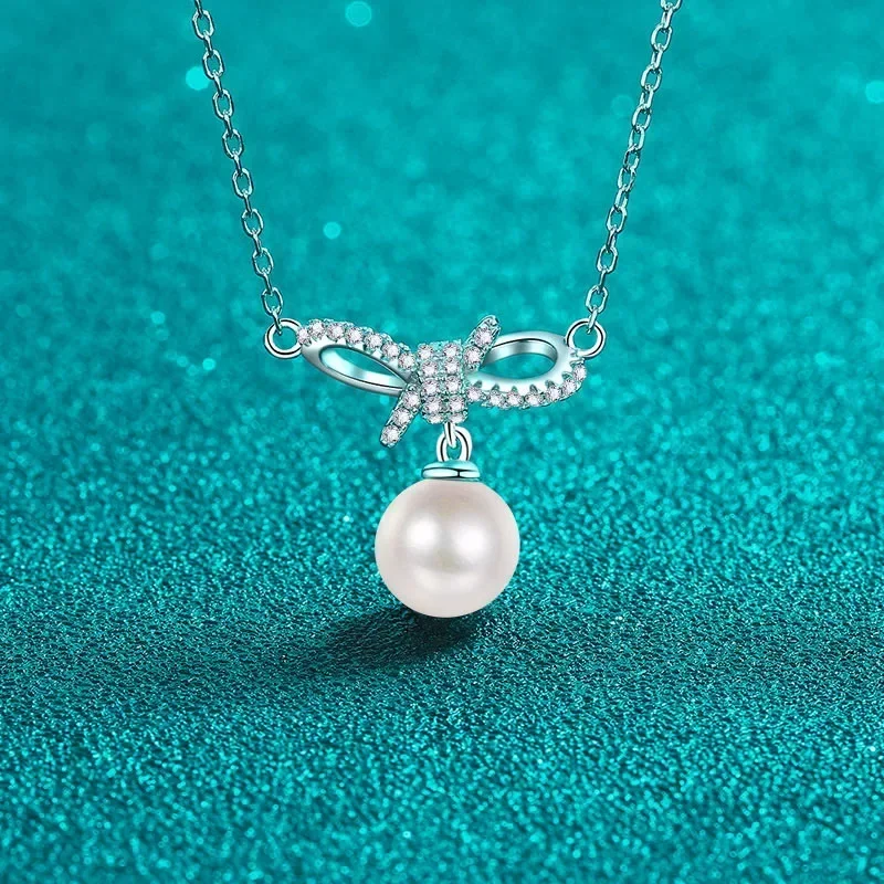 

Novel Bowknot Design Bridal Wedding Accessories Gift, Women's Natural Pearl Pendant PT950 Platinum Necklace Hot Trendy Jewelry