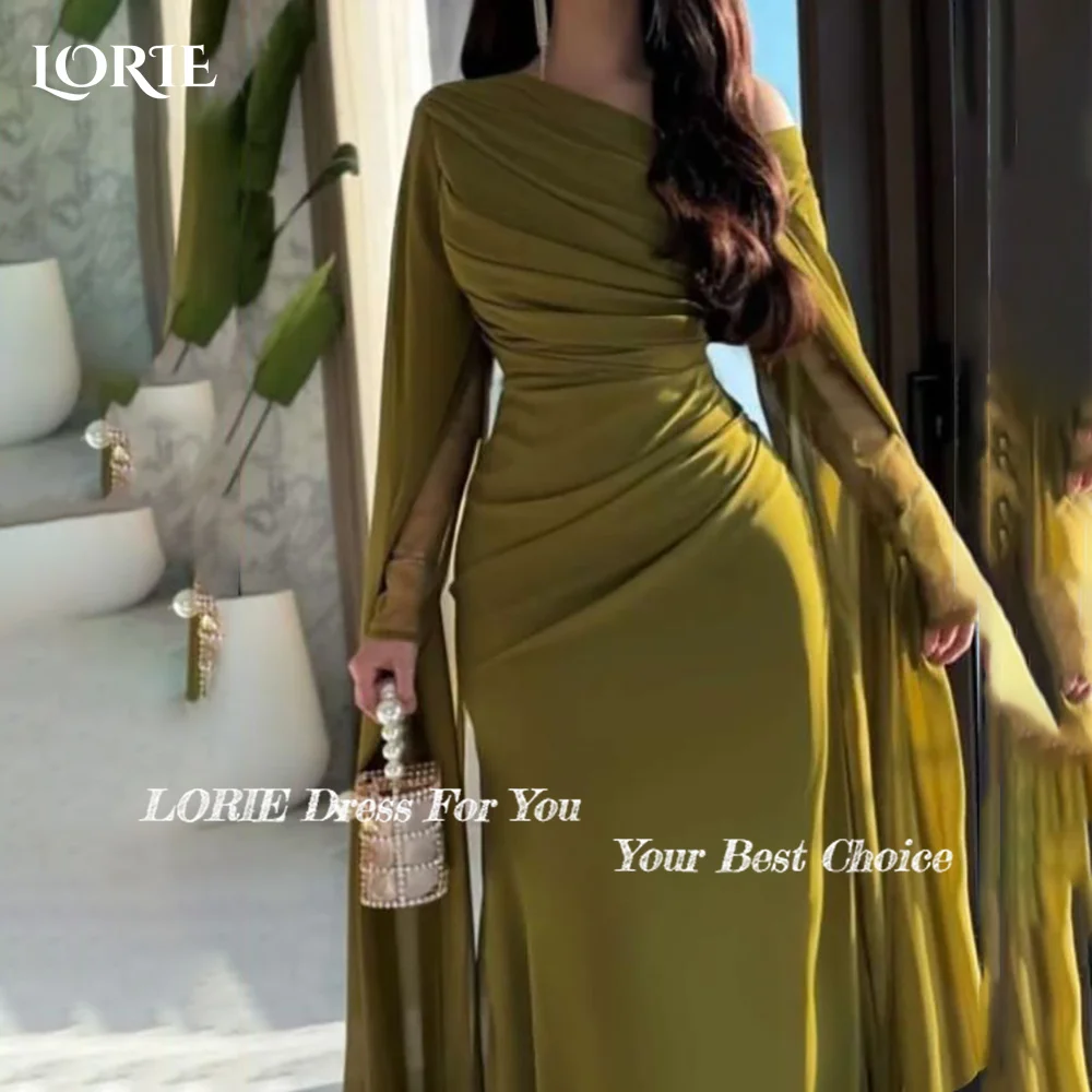 LORIE Modest Crepe Saudi Evening Dresses Elegant Flared Long Sleeves A-Line Pleats Arabia Prom Gown Party Dresses Customized image 2