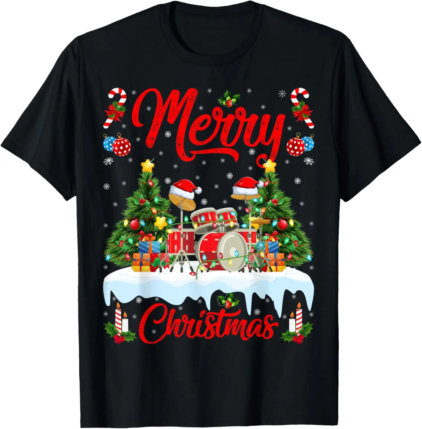 

Drummer Drum Merry Christmas Tree Lights Musical Drum Xmas T-Shirt