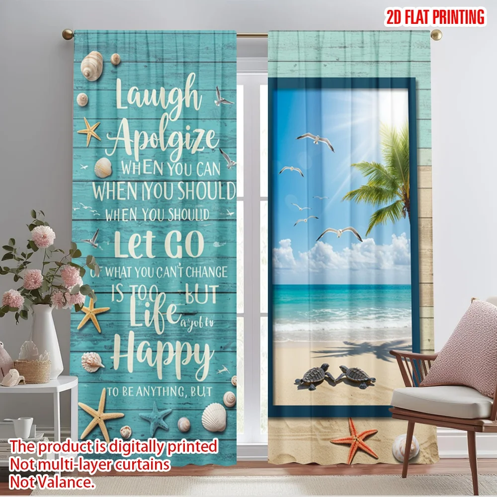 

2pcs 2D flat printing Window Curtains Laugh Apologize Let Go Life Happy 100% Polyester Fabric Without Electricity Festive Wall