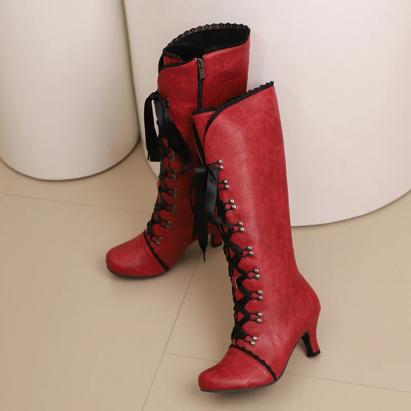 Vintage Women Victorian Knee Boots Lace Up High Heel Bootie Ruffle Trim Lolita Princess Cosplay Tea Party Costume Shoes Green 45