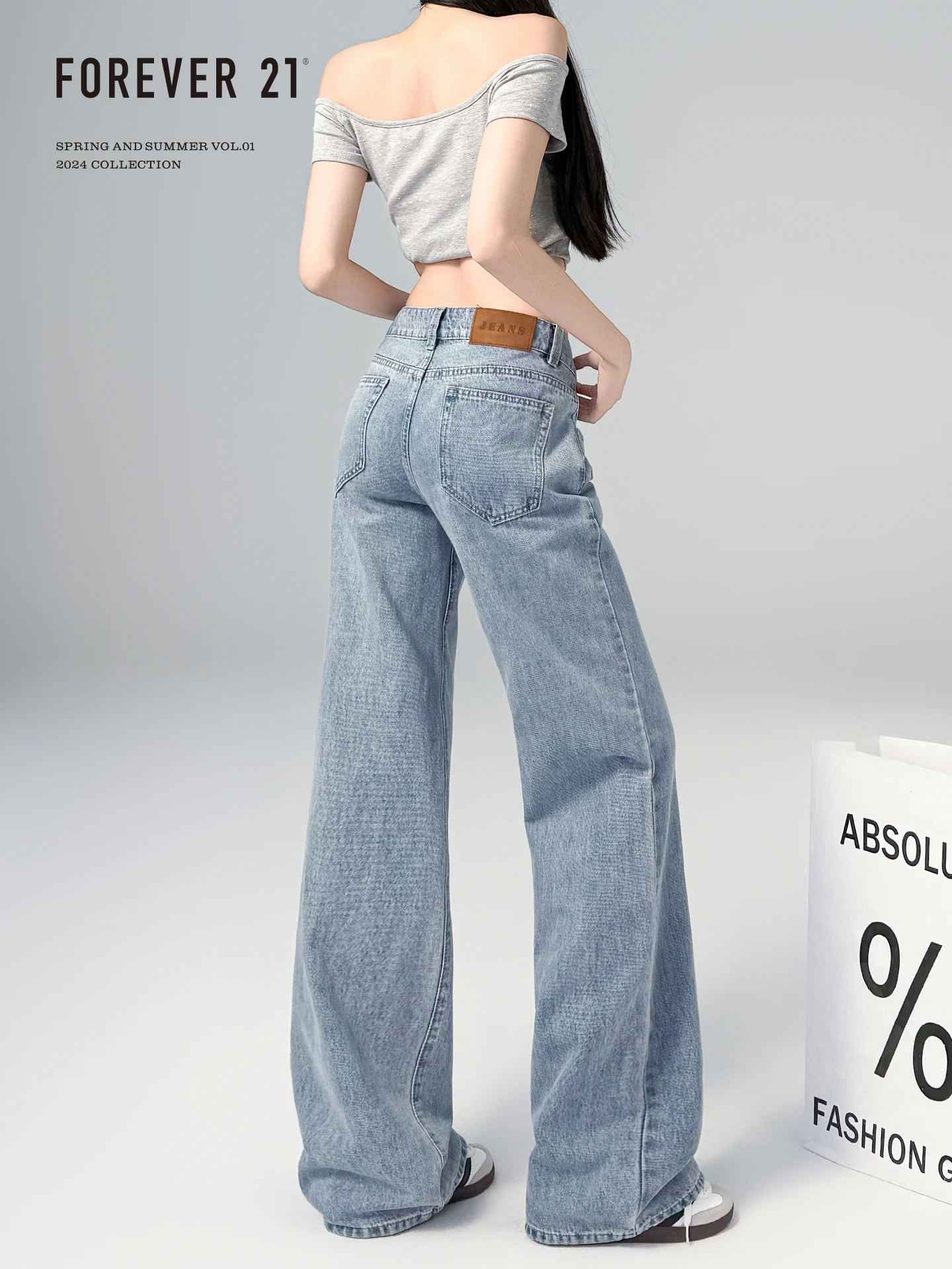 Forever 21 American Style Low Waist Loose Wide Leg Jeans Women's Retro Light Blue Straight Cut Jeans Pear Shape Drapey Pants