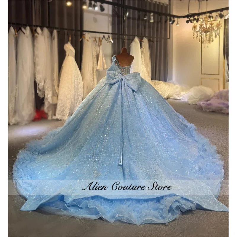 Delicate Quinceanera Dress for Girls with One-Shoulder Large Bow Ruched Appliques Robe Princesse Bleu Femm Customized