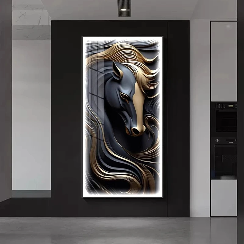 Modern Black Handsome Horse Luminous Indoor Painting Led Wall Lamp For Entry Hall Living Room Dining Room Abstract Decorative