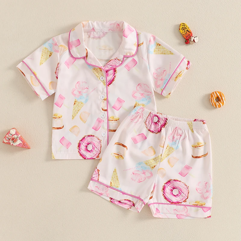 

Kids Girls Pajama Sets Short Sleeve Lapel Button Up Dount/Clover/Egg/Leopard Heart Print Shirt Shorts 2 Pieces Sleepwear