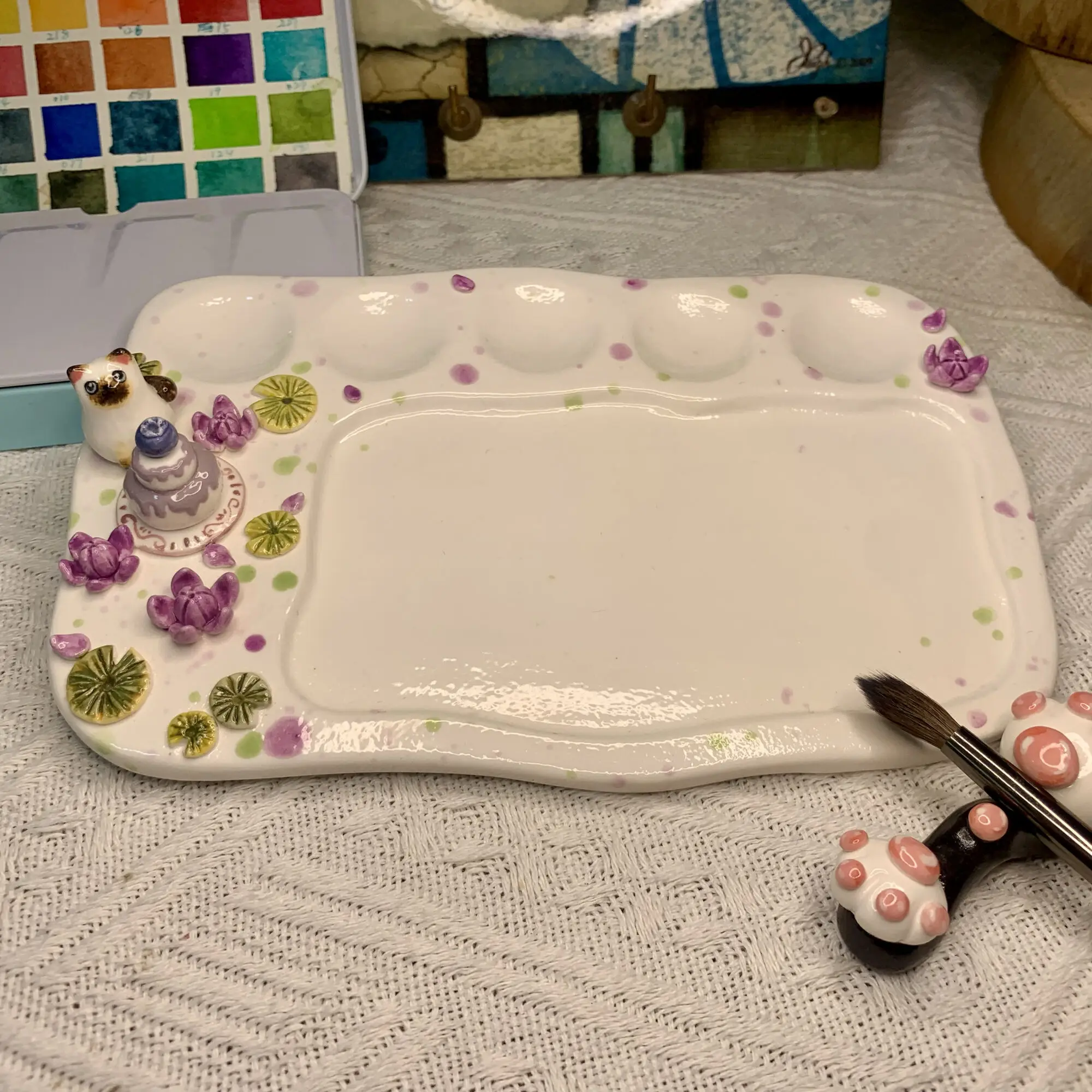 Handmade Ceramic Color Painting Palette , Easy To Clean, Watercolor Rectangular Creative Hand Held Color Palette