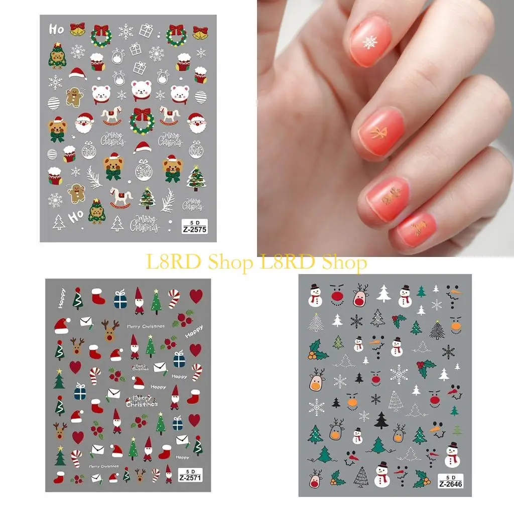

L8RD 1 Sheet Christmas Glittering Art Stickers 5D Embossed Adhesive Decorations Winter Holiday Nails for Women