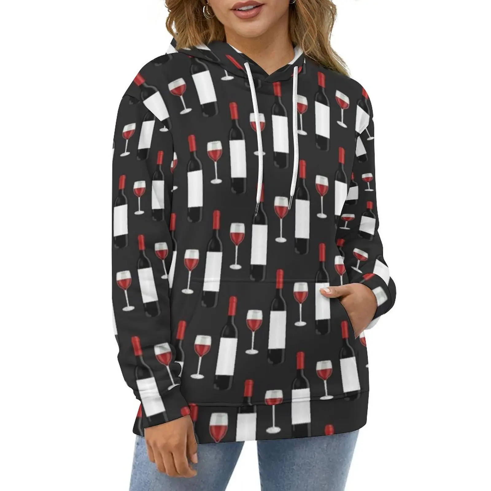 Wine Pattern Casual Hoodies Red Wine Print Pretty Hoodie Women Long Sleeve Street Wear Pattern Loose Oversized Clothing