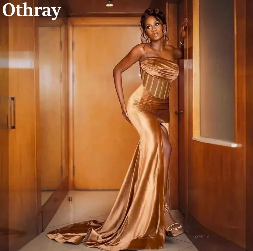 Otrray-Vestidos de Noche marrones únicos, precioso terciopelo sin tirantes, corpiño plisado largo, vestidos de graduación con abertura frontal, bata de Gala