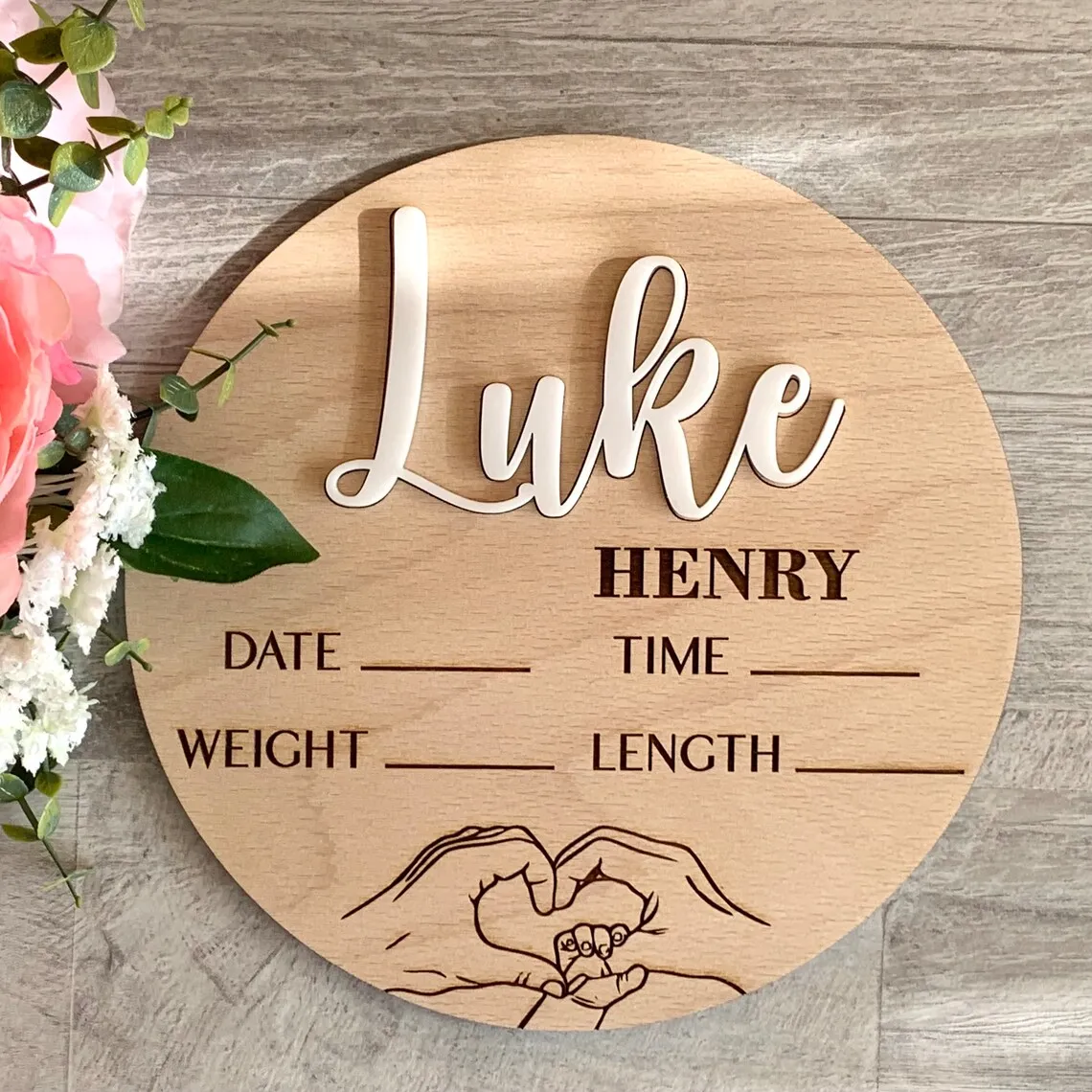 

Personalized Baby Announcement Sign Family Heart Hands Mom Dad Kid Hands Custom Name Birth Stats Baby Arrival Baby Name