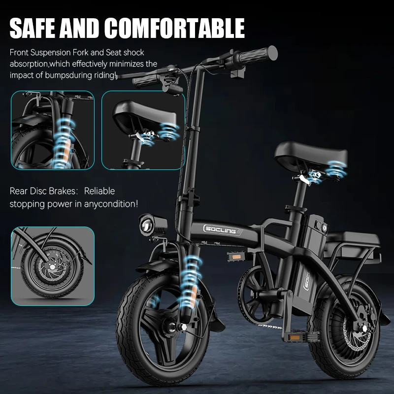 500W G11 Electric Bicycles Ebike E-Bike For Adults, 3-Riding Modes, 14' Foldable Ebike, With Charger And Battery, MAX Speed 19.9 MPH, Rear Disc Brakes, With A Basket And Lock, Durable And Lightweight Frame, All-Terrain Foldable Ebike image 5