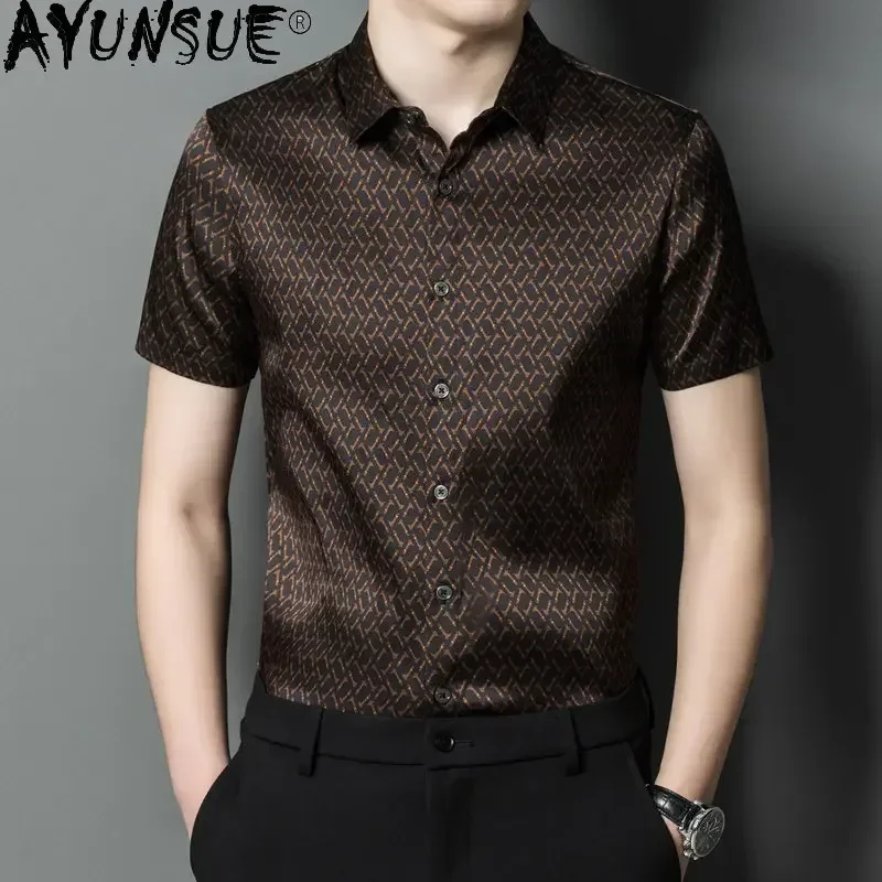 

AYUNSUE 90.8% Mulberry Real Silk Shirt Men Short Sleeved Shirts for Men Fashion Printed Casual Shirts Summer Clothes Ropa Hombre