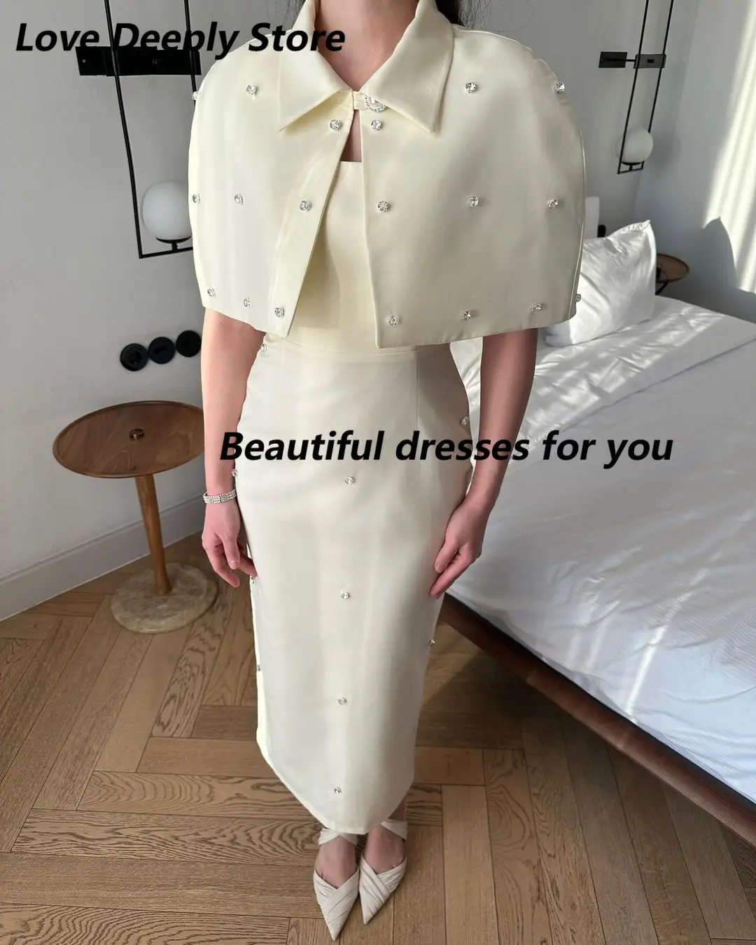 Personalizado requintado duas peças sem mangas vestidos de noite sem alças beadings tornozelo comprimento vestidos de baile vestidos de festa