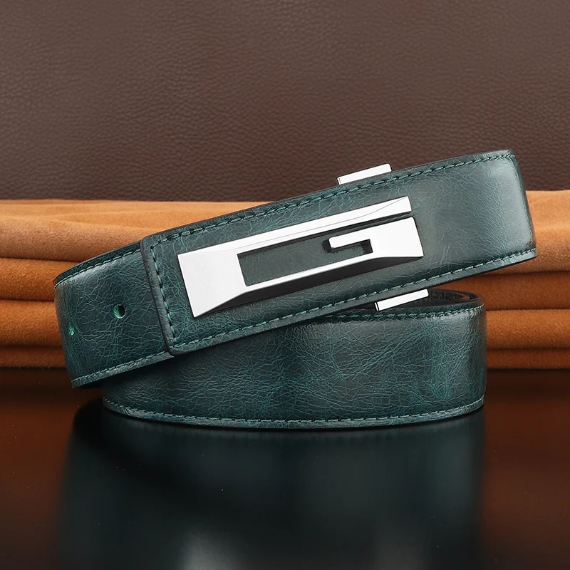 High quality G letter belts men slide buckle designer luxury famous brand cowhide young boys fancy jeans Waistband green B873