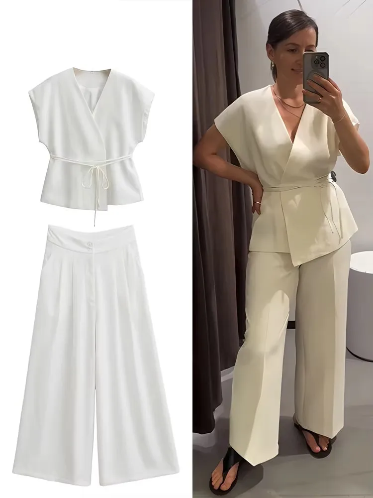

Casual Pants Set Women 2025 New Summer Lace Up V Neck Tank Top+Elastic Waist Pockets Wide Leg Pants Office Solid Two Piece Set