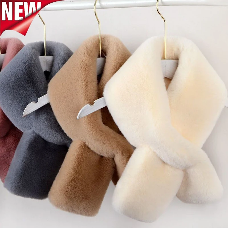 Winter Luxury Warm Thicken Scarfs Faux Rabbit  Fur Plush Cross Collar Scarf Shawl Warm Soft Thicken Snood Scarves Women Scarf