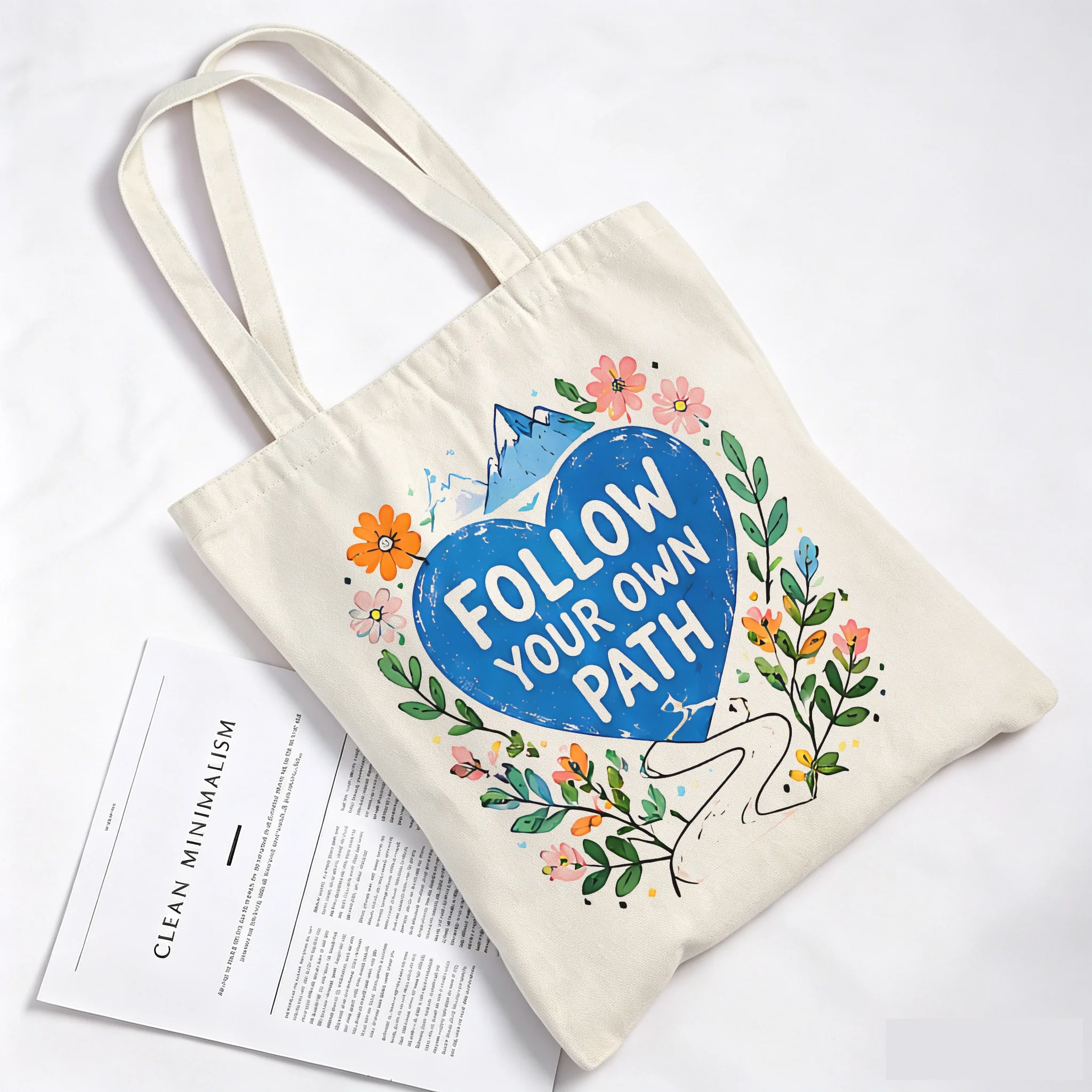 Blue Heart Path Print Natural Tote Bag Multi-Purpose Tote Bags with Long Handles Medium for Craft Heavy Duty Durable Flat Bottom