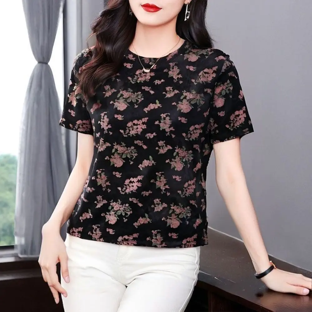 Summer Womens Tee Shirt O Neck Short Sleeve Floral Print Loose Pullover Top Comfortable Casual Mature Lady Artistic Blouse