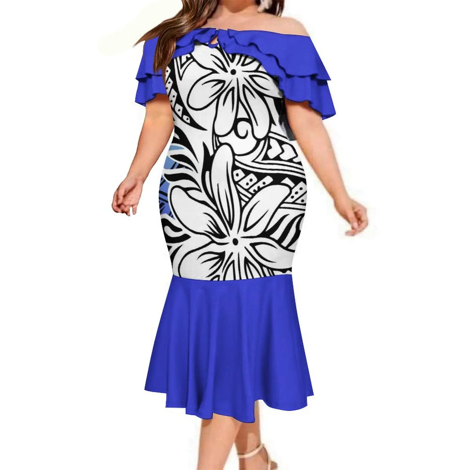 Island Style Couple Suit Off-The-Shoulder Evening Gown Samoa Fiji Tonga Tight Fishtail Dress Polynesian And Men'S Shirt