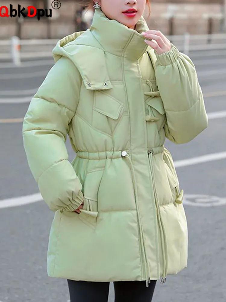 

Korean Fashion Thicken Outerwears Women Casual Horn Button Design Zipper Jackets Winter Warm Long Sleeve Down Cotton Chaquetas