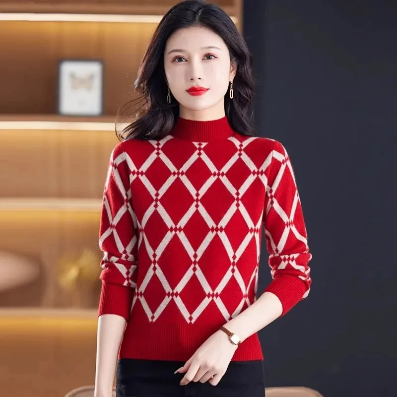 2024 New Sweater Women's New Spring Autumn Middle-Aged Mother Sweater High-Grade Round Neck Cover Belly Slim Bottoming Shirt