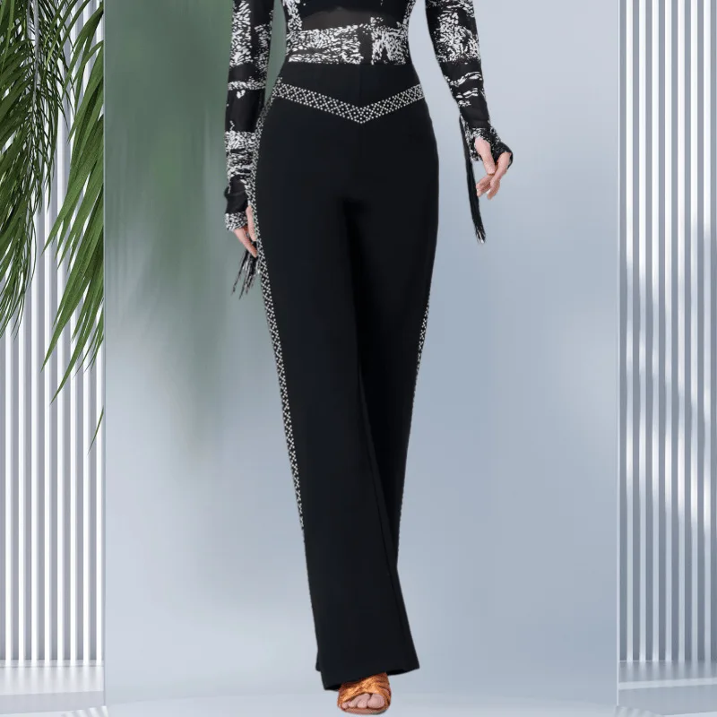 

Новое поступление, женские танцевальные брюки с высокой талией, украшенные стразами, для латиноамериканских танцев, бальных танцев, подиумов и выступлений