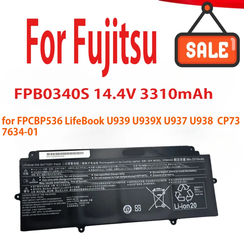

14.4V 50WH 3310mAh FPB0340S Laptop Battery For Fujitsu FPCBP536 LifeBook U939 U939X U937 U938 CP737634-01