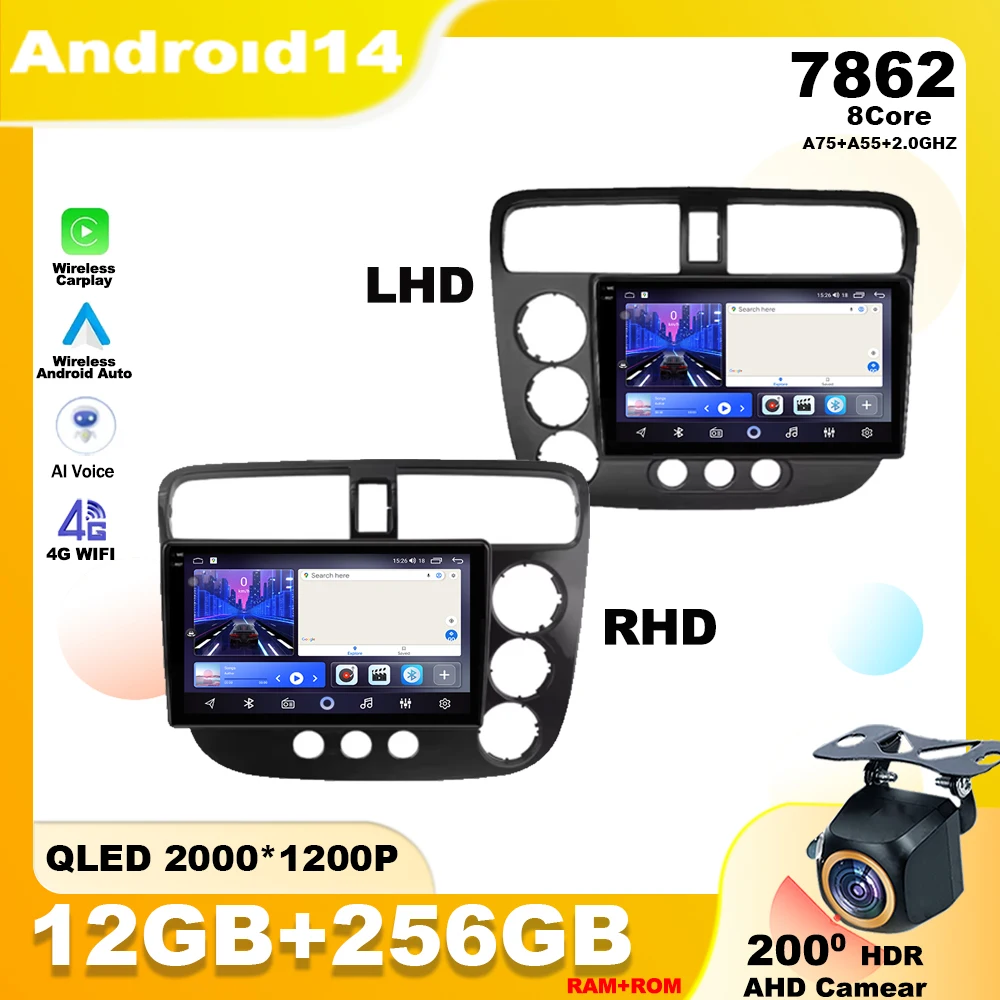 Android 14 For Honda Civic 2000 - 2006 LHD RHD Car Radio Multimedia Player Stereo Navigation GPS Wireless Carplay QLED Screen 4G