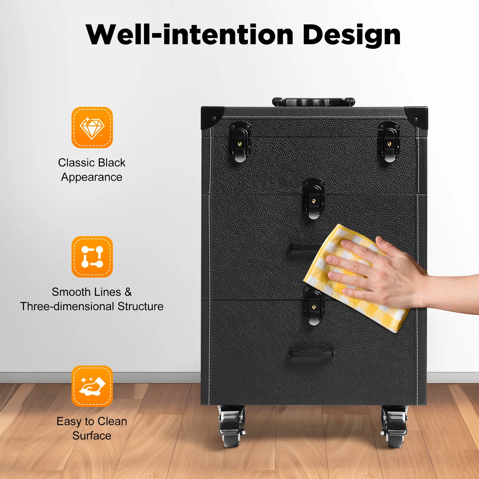 Professional Makeup Nail Art Case Lockable with Adjustable Pull Rod 4 Universal Wheels Large Capacity 2-Drawer for Salon Travel