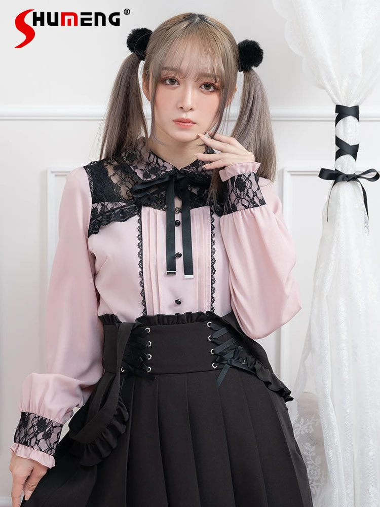 

Japanese Style Sweet Cute Lace Hollow out Lace-up Bow Lapel Long Sleeve Single-Breasted Lolita Shirt Tops Women Blouse Summer