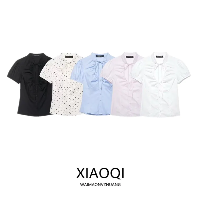 

Spring 2026 Women's Fashionable Versatile Knot Design Top Shirt Commute Style Slim Fit Bubble Sleeve Short Sleeve