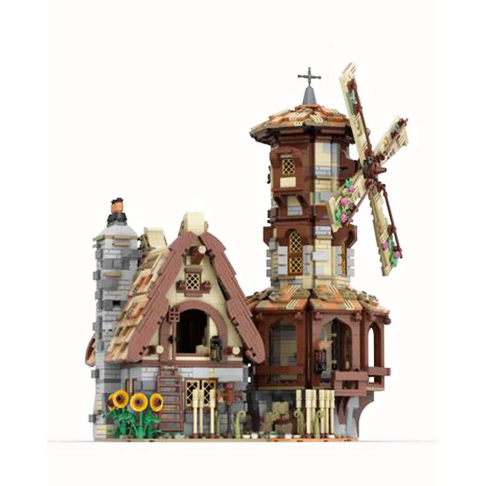MOC Streetscape สถาปัตยกรรมยุคกลาง Windmill Mill รุ่นอาคารชุดเครื่องประดับของเล่นเพื่อการศึกษาเด็กของขวัญวันเกิด