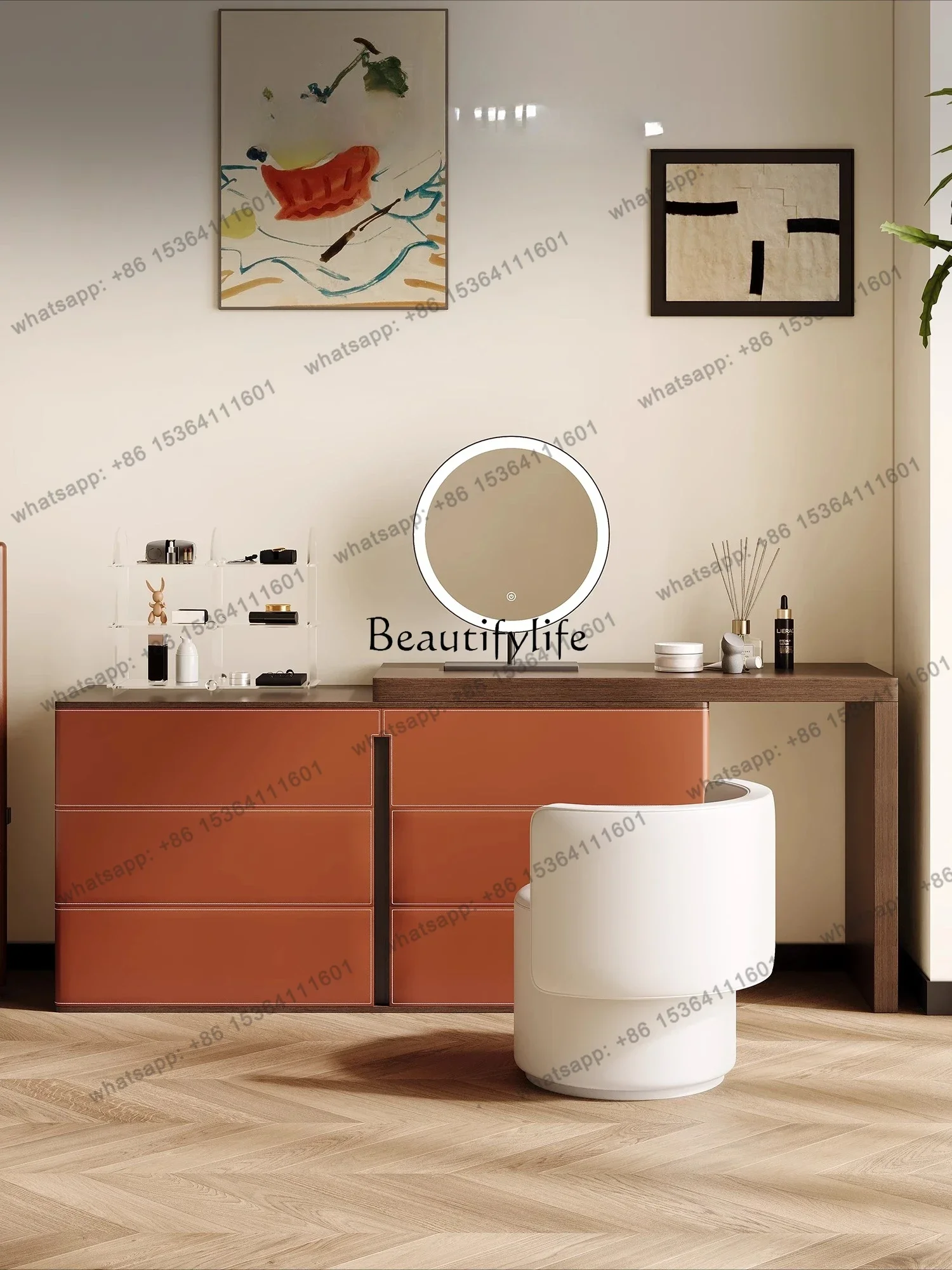 

X4 Italian minimalist dresser, chest cabinet integrated, saddle leather retractable cosmetic table, storage cabinet integrated