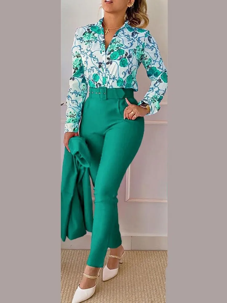 Spring Autumn New Printed Long Sleeved Shirt Suit Women Stylish Slim Elegant Female Office Pencil Pants 2 Piece Set (with Belt)